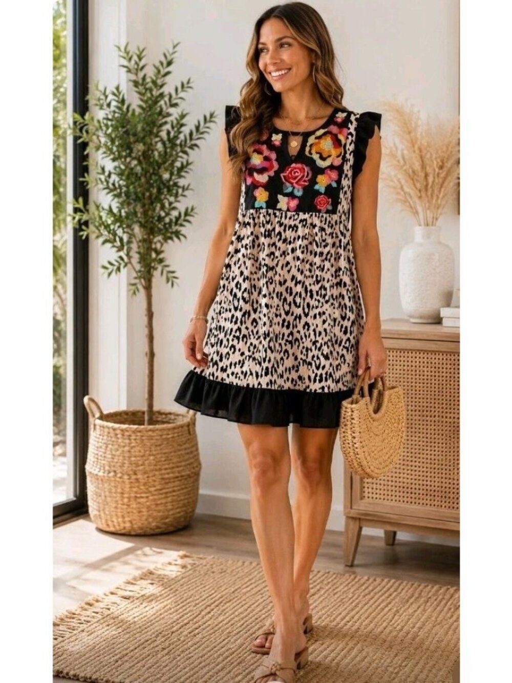Savanna Jane Dress Boho Embroidered Cheetah Print Ruffle Hem Lined Casual Size S